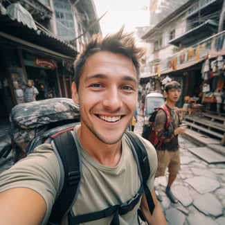 a tourist with smiling face