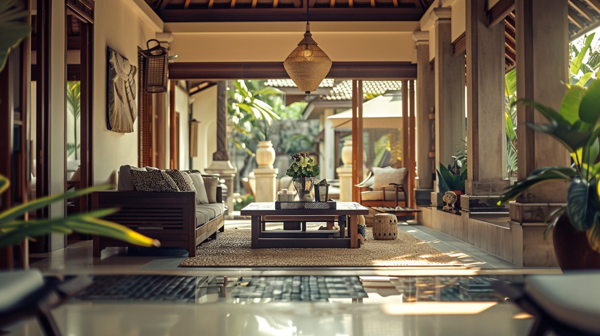 A cozy living room featuring a comfortable couch, a bookshelf filled with books, and large windows allowing natural light.
