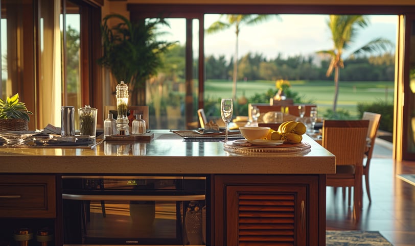 A modern kitchen featuring large windows that overlook a scenic golf course, blending culinary space with nature's beauty.
