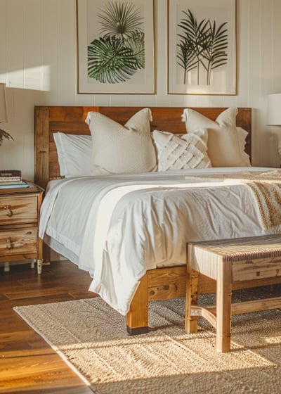 A cozy bedroom featuring a wooden bed and a matching wooden bench, creating a warm and inviting atmosphere.