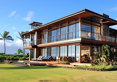 A contemporary house featuring a spacious deck surrounded by vibrant green grass.