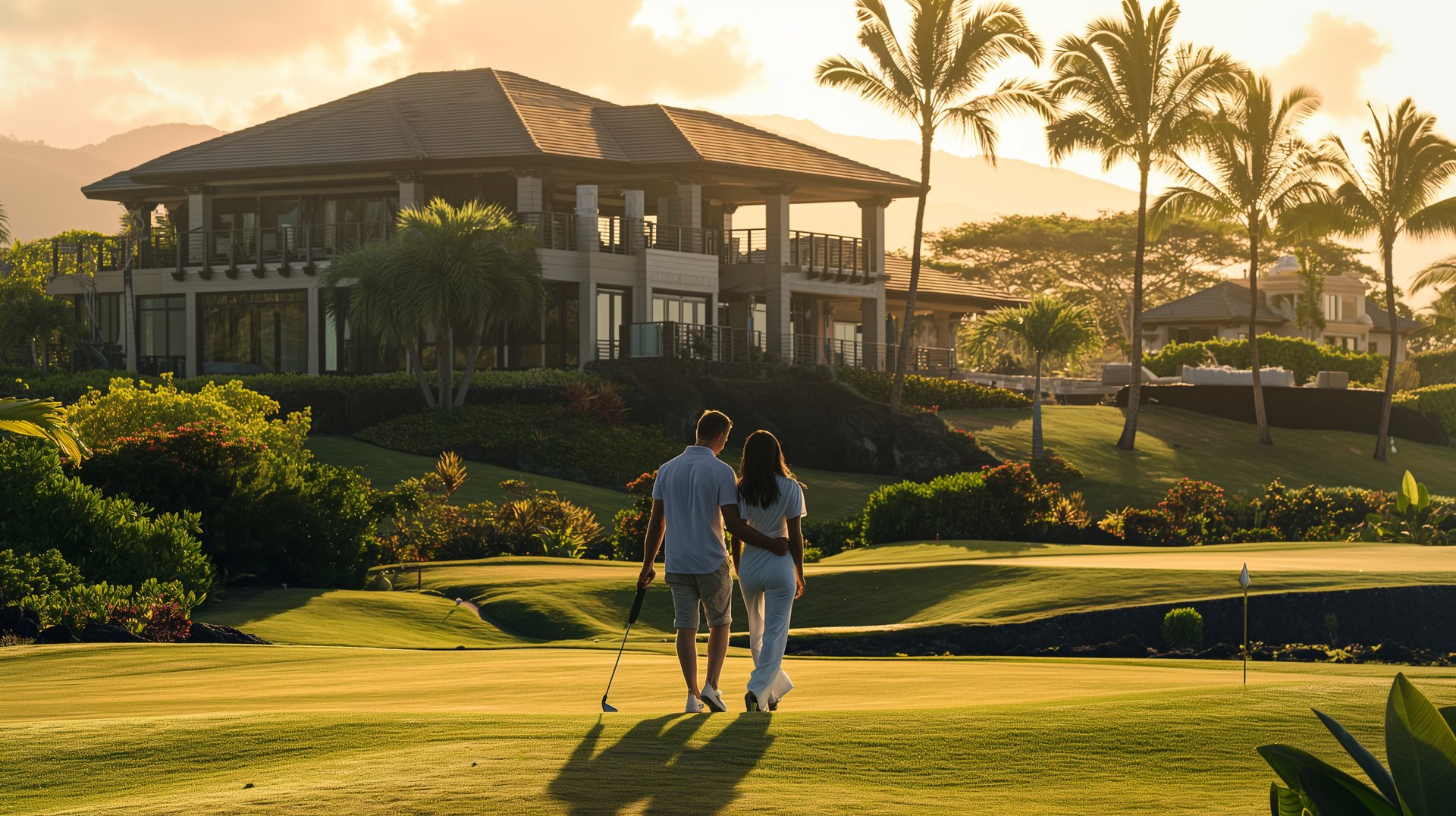 A couple strolls hand in hand on a golf course, bathed in the warm glow of a sunset.