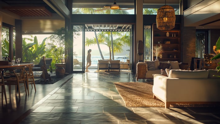 A spacious living room featuring a large window that offers a stunning view of the ocean.