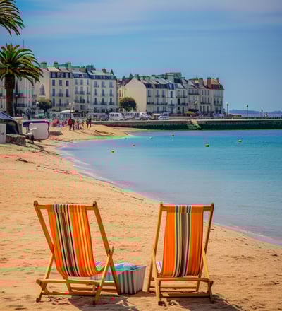 Two deck chairs on a sandy beach, overlooking a serene ocean view under a clear blue sky.