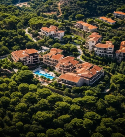 Aerial view of a serene resort nestled among lush green trees, showcasing a tranquil escape in nature.