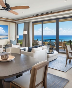 A cozy living room featuring a dining table and chairs, with a stunning view of the ocean in the background.
