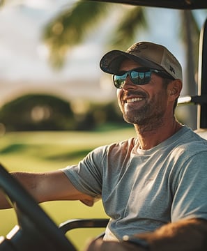 A man wearing sunglasses confidently drives a golf cart, enjoying a sunny day on the golf course.