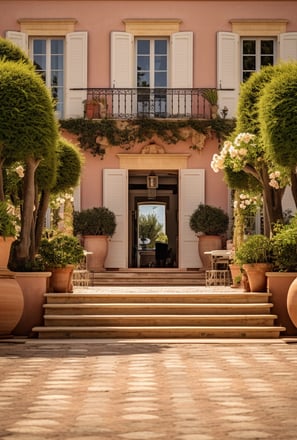 facade of a Mediterranean luxury villa in Saint-Tropez close to restaurants & cultural attractions