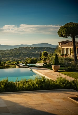 backyard view of an exclusive Saint-Tropez home that's close to outdoor activities & water sports