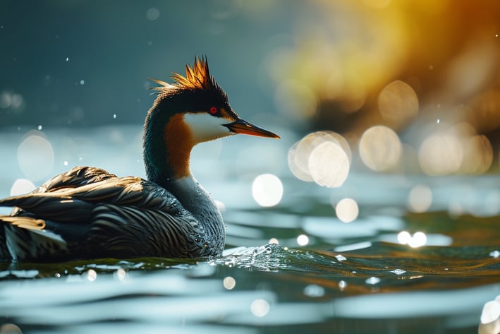 a Great Crested Grebe resting on the shallow waters of Lake trasimeno in Italy.
