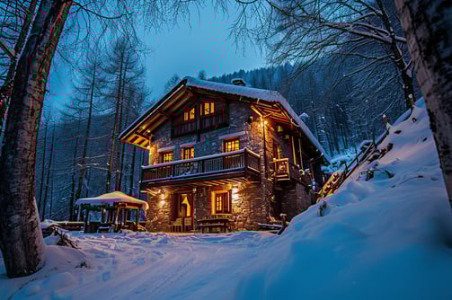 the exterior of a ski chalet rental in Italy during winter.