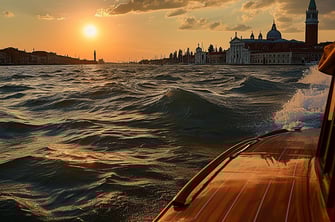 a boat ride on the Venetial Lagoon in Italy during sunset..