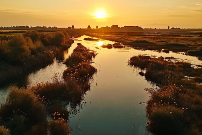 an establishing shot of the Fucecchio marshlands in Italy during sunset.