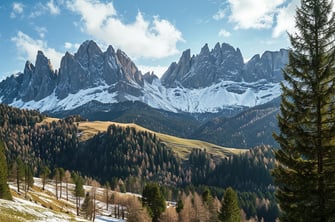 a wide shot of the Italian dolomites in spring.