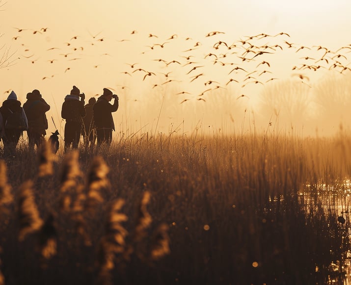 a scenic photo of birdwatchers spotting a flock of birds in an Italian marshland during daybreak.