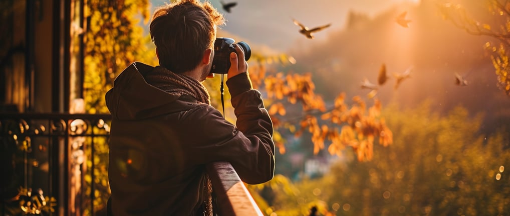 a birdwatcher spotting birds flying near his balcony villa in Italy..