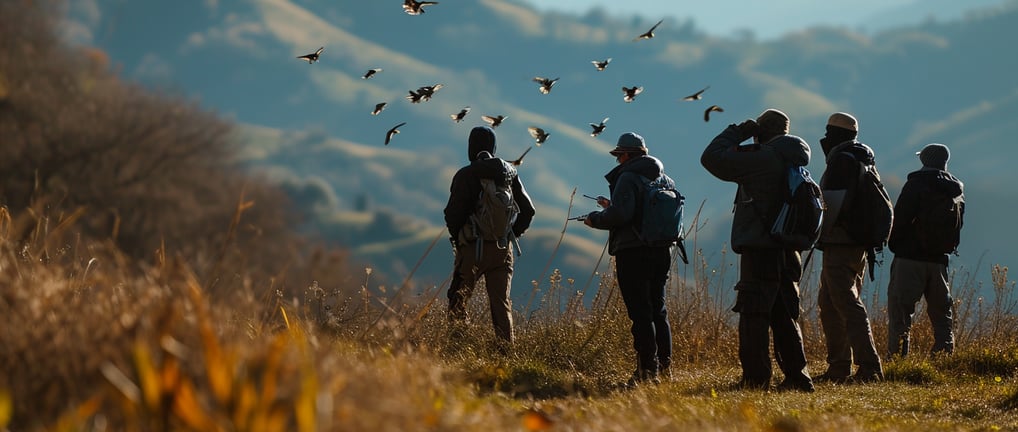 a group of birdwatchers spotting birds in flight in the Appenines in italy during spring.