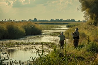 an establishing shot of Po Delta in Italy with birdwatchers.