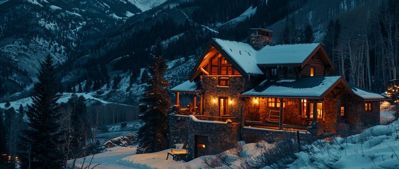 a cozy mountain lodge in the Colorado Rockies at night.