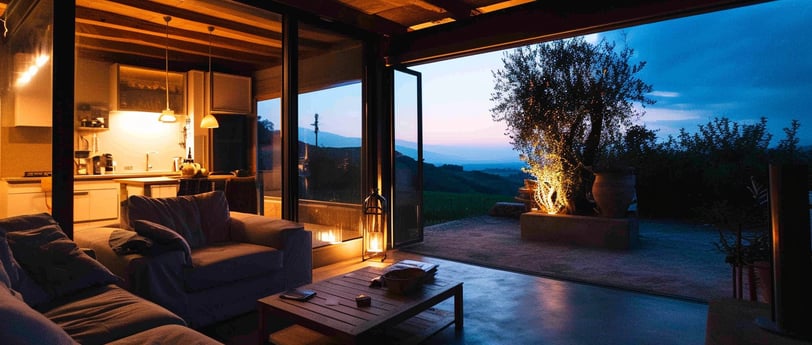 the interior living room of an eco-home in Florence, Italy during nighttime.