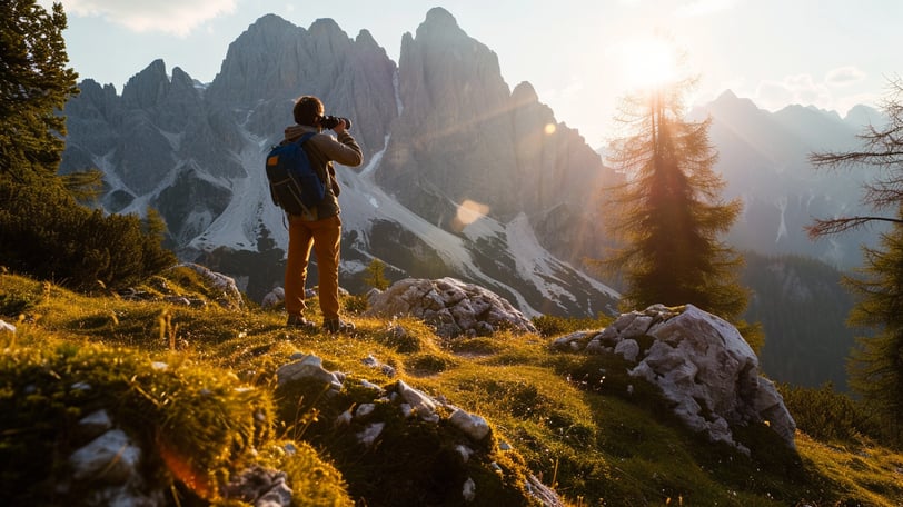 a birdwatcher with binoculars at the Venetian Dolomites during spring afternoon.