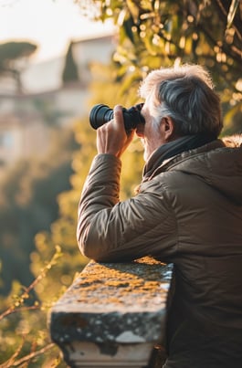 a bird watcher with binoculars spotting birds from his villa's balcony in Italy.