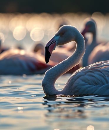 A pack of greater flamingo swimming in Po Delta in Italy.