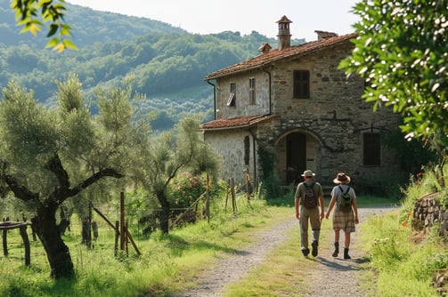 two tourists strolling the walkway of an eco-farmhouse in Italy..