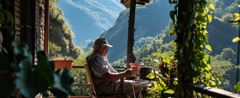 a birdwatcher relaxing in his cottage porch enjoying stunning views of the Italian mountainside.