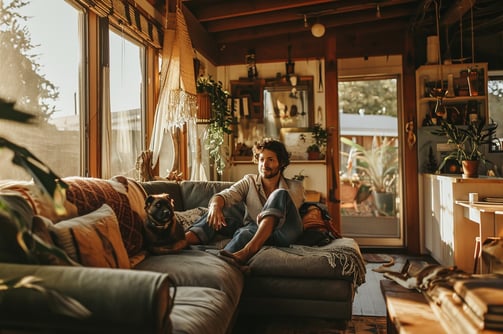 A guest of a home rental relaxing in the living room with his pet dog.