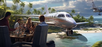 Private jet boarding on a tropical island with guests enjoying luxury. Private jet boarding on a tropical island with guests enjoying luxury.