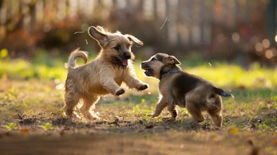 Joyful playtime: Pups frolic in the golden glow of a Montana sunset.