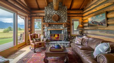 Rustic elegance by the fire, with panoramic mountain views in Montana.