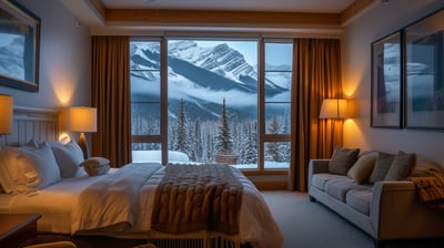 Cozy mountain retreat with a stunning, snowy view – embrace the tranquility.