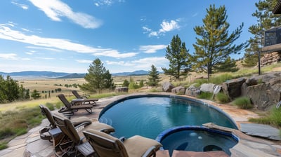 Relax in a serene poolside haven, with Montana's rolling hills as your backdrop.