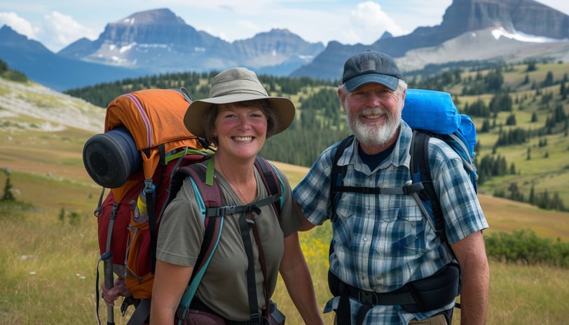 two smiley persons hiking together