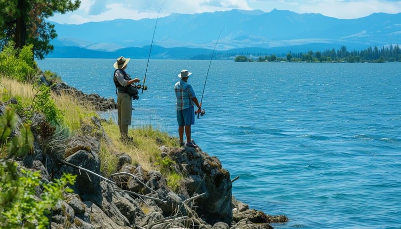 two person fishing in lake at montana