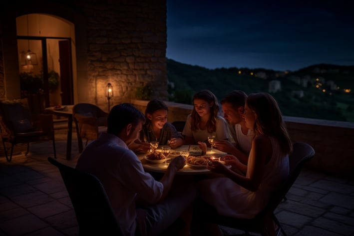 A family having dinner at the Borgia Castle, a historic old mansion in Italy
