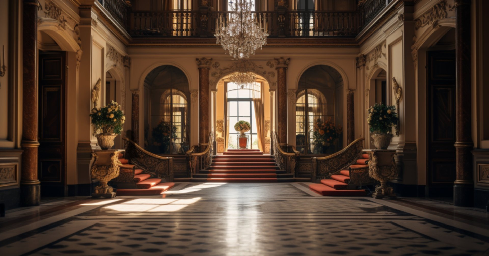 A majestic entrance hall of a mansion featuring elegant decor, high ceilings, and a grand staircase.