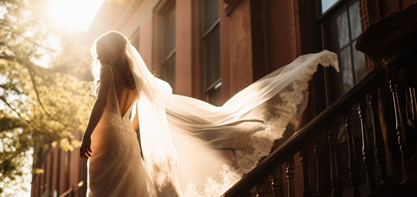a bride in a wedding dress with a veil, an old, historic vacation rental mansion in the background