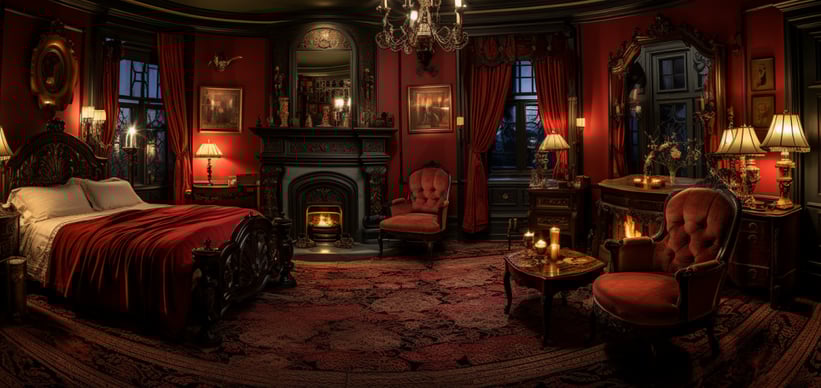 a opulently decorated honeymoon suite in an old mansion vacation rental