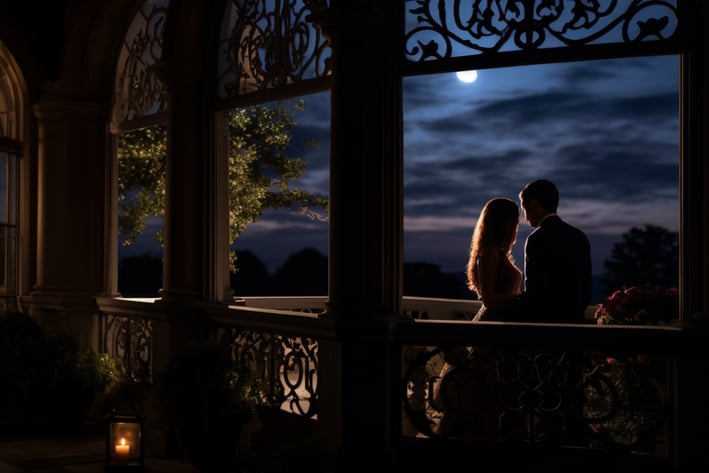 A couple on the balcony of The Chanler, an old mansion turned hotel in Rhode Island