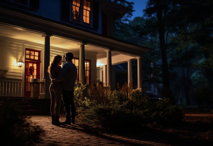 A couple at the historic Newcomb Tavern at night