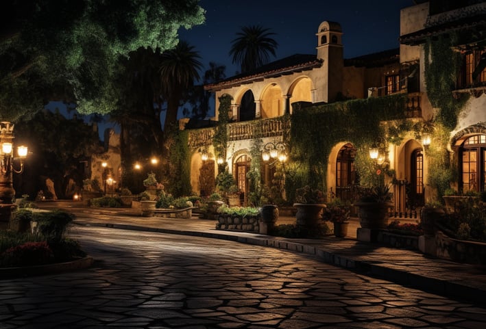The Houdini Estate at night, a historic old mansion you can rent or tour