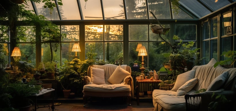 lamps, furniture, and potted plants inside the solarium of a historic home