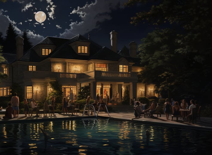 People gathered at the pool area of Lewcy Manor, an old mansion in Oklahoma