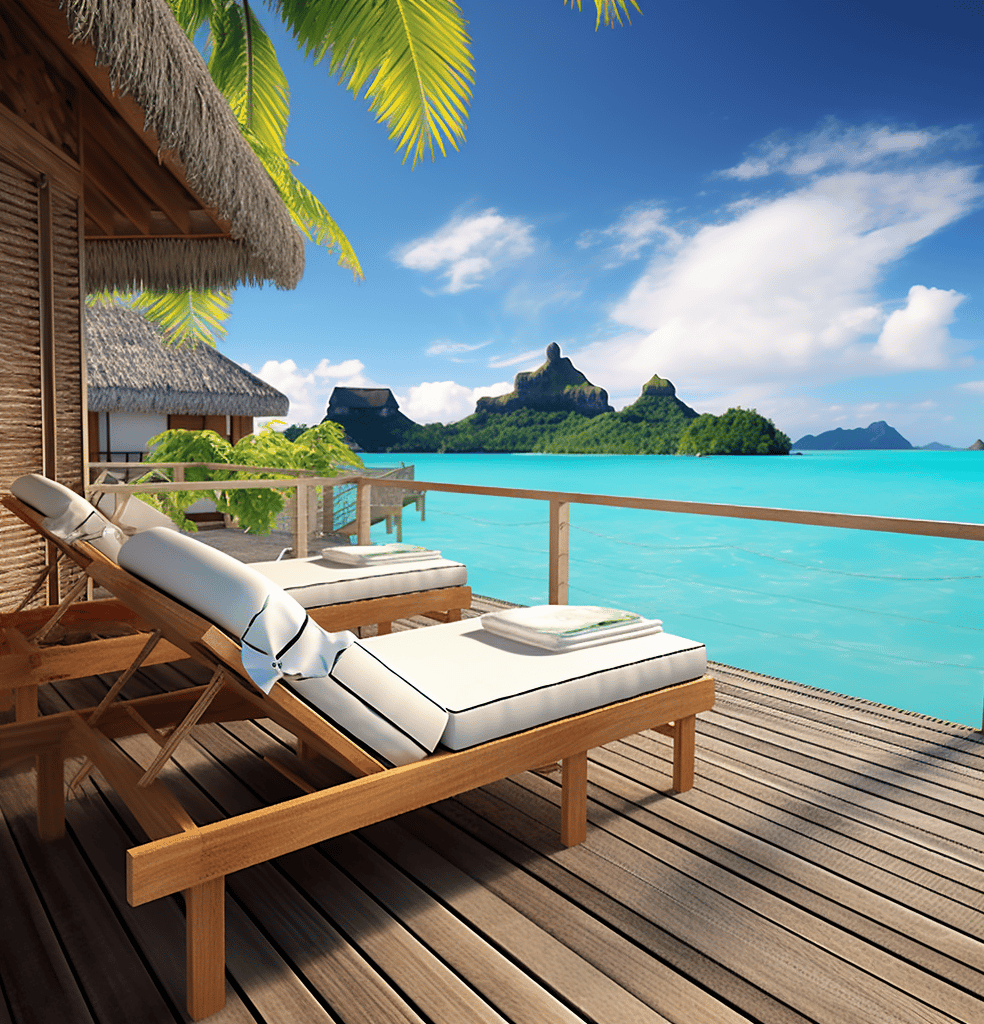 A serene deck featuring lounge chairs and a hut, offering a picturesque view of the ocean waves and horizon.