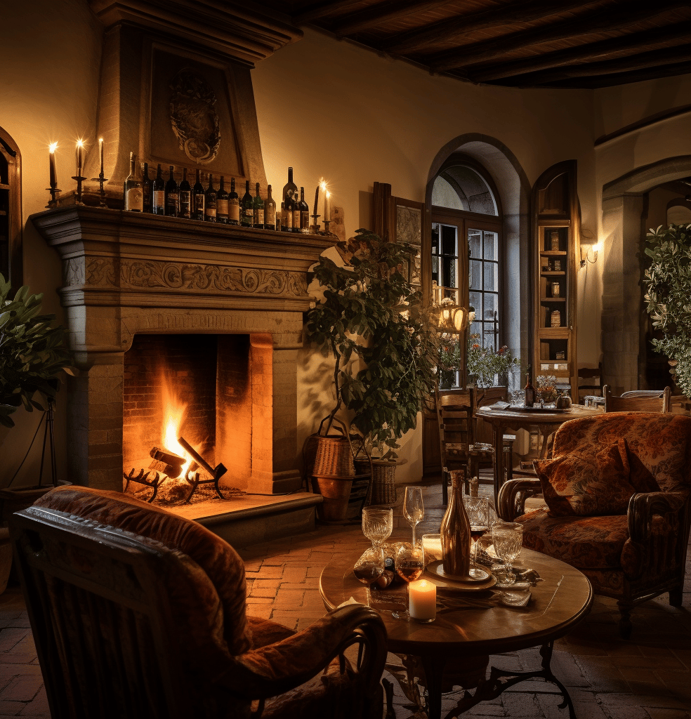 A warm fireplace in a room complemented by a table and chairs, providing a comfortable setting for relaxation and conversation.