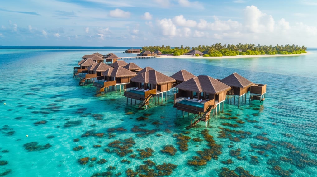 a small island with overwater bungalows in the maldives