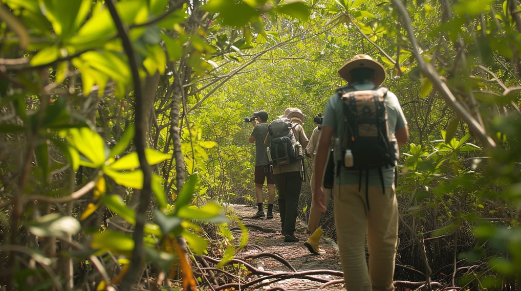 a group of people walking through a forest